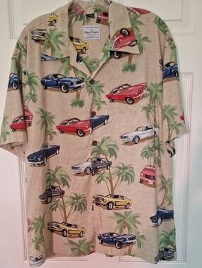 David Carey Beige Palm & Classic Mustang Car Print Hawaiian Shirt - Multicolor
